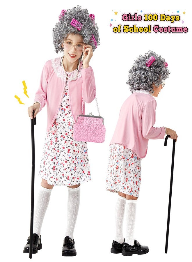 STOPKLAS Old Lady Costume for Kids, 100 Days of School Costume for Girls, 100th day of School Granny Grandma Dress Up Costume Outfit, Old Lady Cosplay Set with Old Lady Dress and Wig for Gilrs 5 6 7 - Image 5